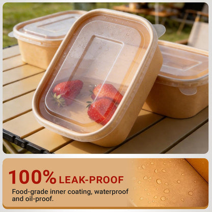 ganfaner 25 oz Disposable Bowls with Lids, 200 Sets Kraft Paper Bowls Square, Disposable Meal Prep Food Container with Sealing Lid, Microwave Safe Leakproof is Perfect for Party Lunch Hot Soup