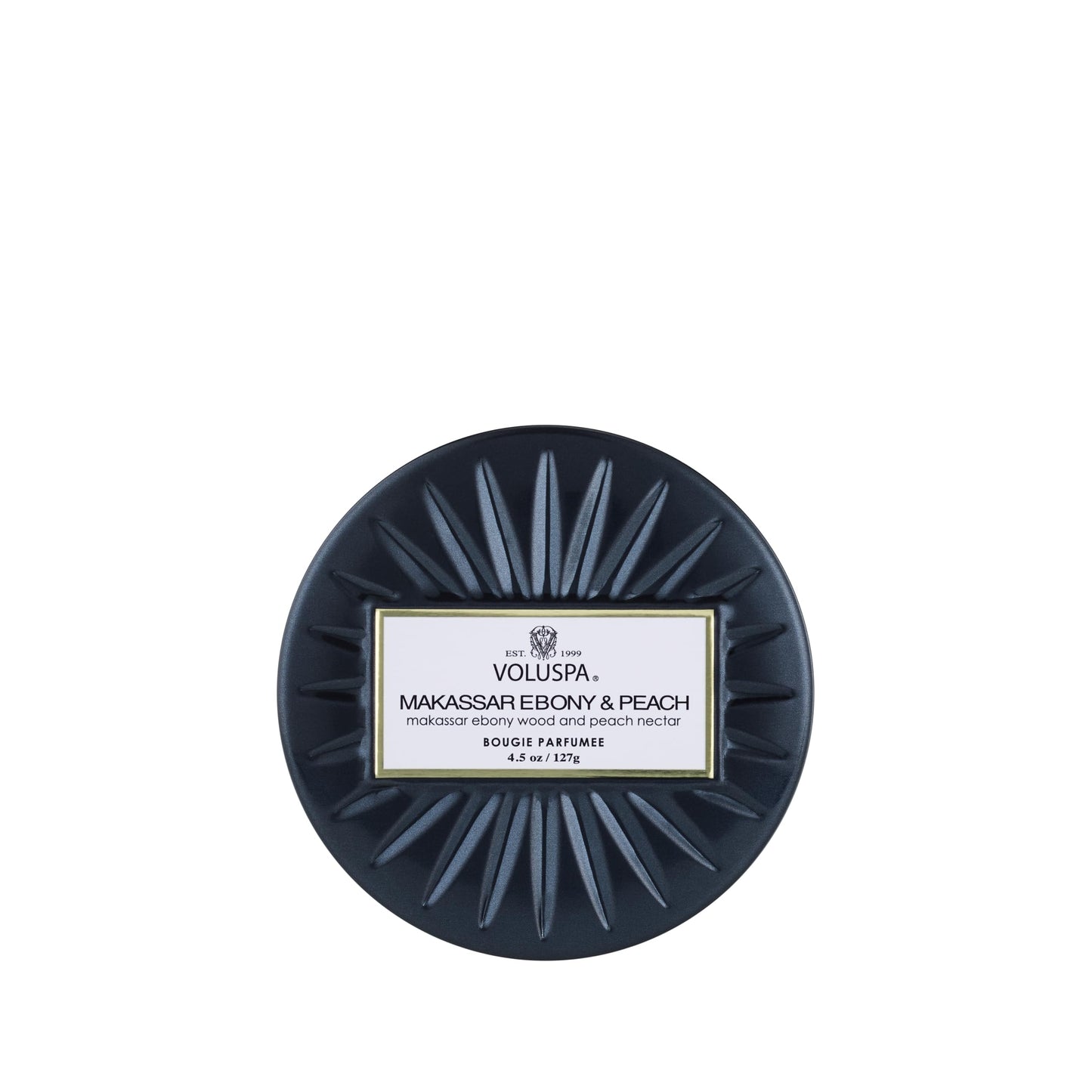 Voluspa Makassar Ebony & Peach, Mini Tin Candle, 4 oz, 25 Hour Burn Time, Coconut Wax for Clean Burning, Handcrafted in the USA
