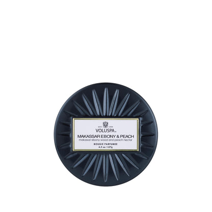 Voluspa Makassar Ebony & Peach, Mini Tin Candle, 4 oz, 25 Hour Burn Time, Coconut Wax for Clean Burning, Handcrafted in the USA