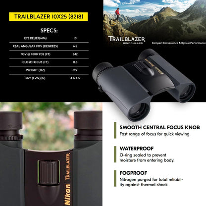 Nikon Trailblazer 10x25mm Binoculars - Compact, Waterproof & Fogproof, Bright Multilayer-Coated Optics, Roof Prism - All-Terrain Outdoor Wildlife Viewing & Birdwatching Binoculars (8218)
