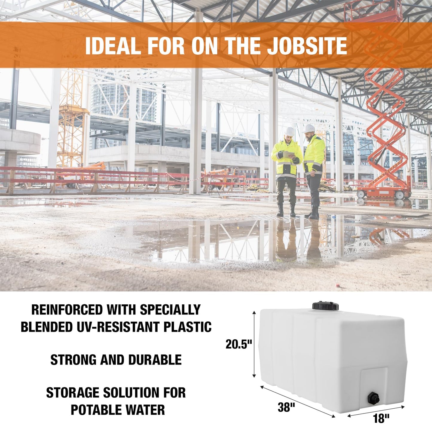 RomoTech 82123919 Horizontal Square Reservoir Water Tank, 50 Gallon, Made in USA, Natural Poly Tank for Non-Flammable Liquids, UV-Resistant, Ideal for Agricultural Use, RV Water Storage, White