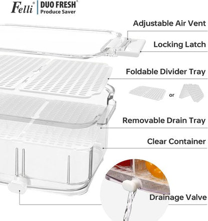 Felli Duo Fresh Produce Saver - Ventilated Fruit & Vegetable Container | Colander Strainer for Fridge