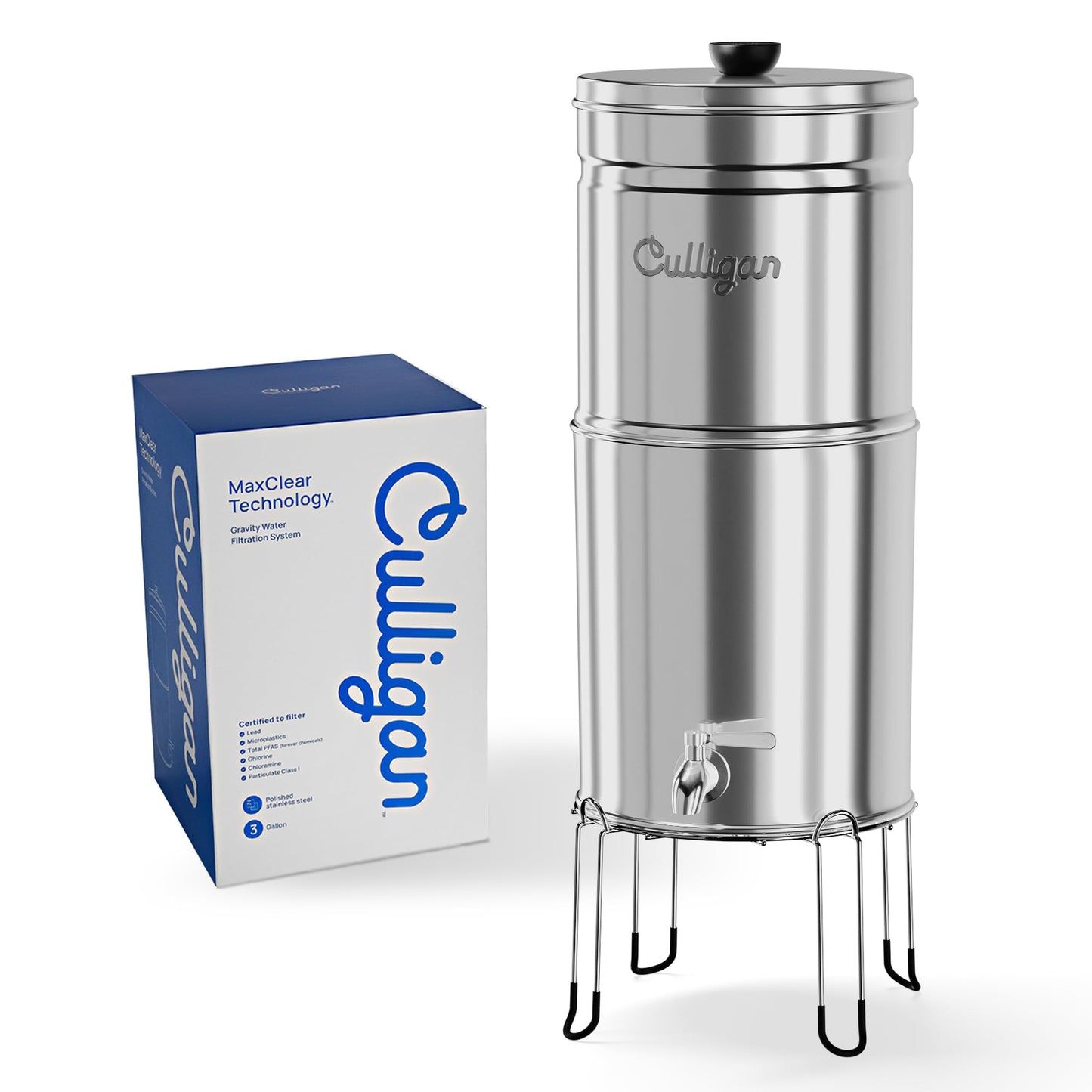 Culligan MaxClear 3 Gallon Gravity Water Filter System, Polished Stainless-Steel Countertop Water Filter NSF/ANSI Certified to Reduce Microplastics, Lead & Total PFAS, with 3 Ceramic Filters