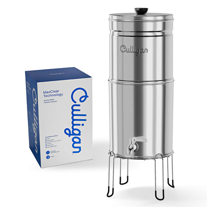 Culligan MaxClear 3 Gallon Gravity Water Filter System, Polished Stainless-Steel Countertop Water Filter NSF/ANSI Certified to Reduce Microplastics, Lead & Total PFAS, with 3 Ceramic Filters
