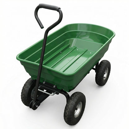 GarveeTech Heavy Duty Utility Wheelbarrow Cart 4 Wheel Garden Wagon with Dump Feature, Foldable D-Handle Steering, Built-in Stand, All-Terrain Rolling Yard Cart for Gardening, Lawn, Landscaping