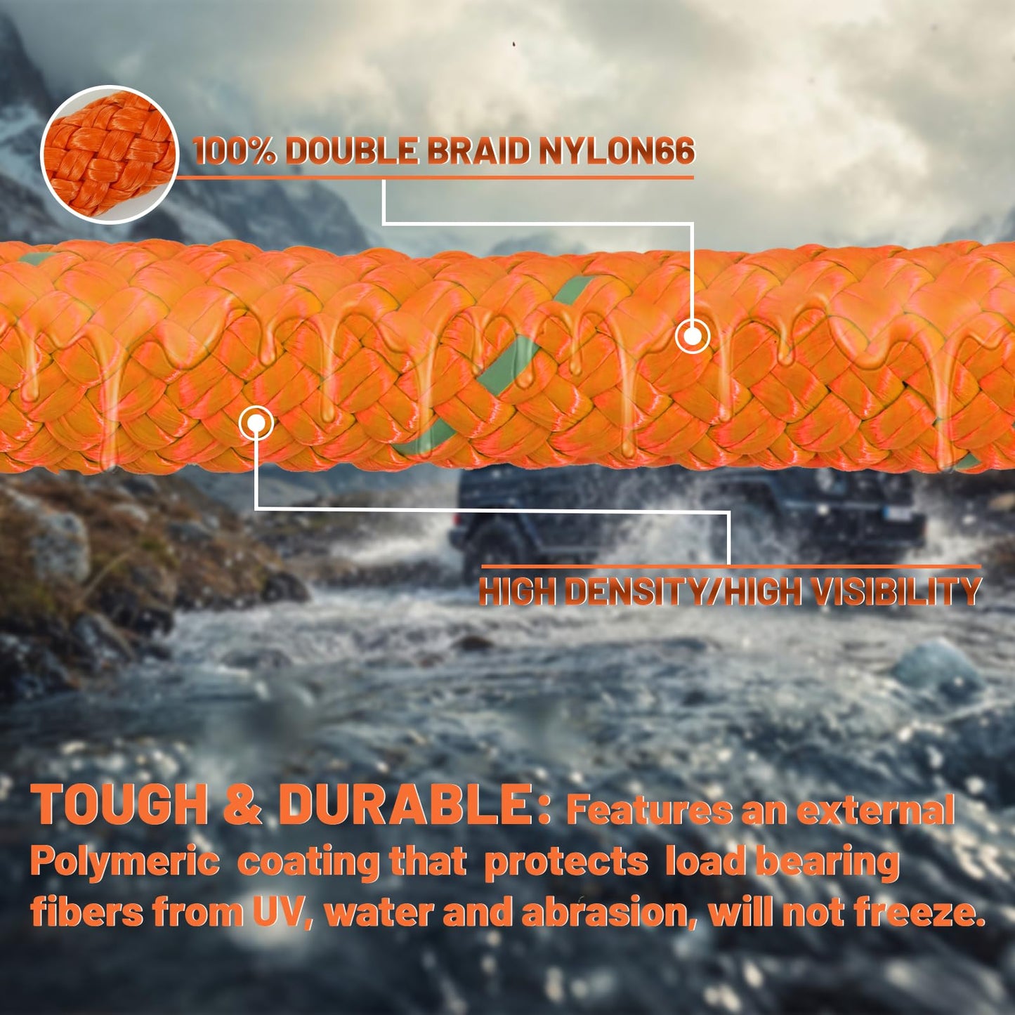 YUNPEAK 1.26" x 30ft Heavy-Duty Kinetic Recovery Rope – 56,000lbs Break Strength – Includes 2 Ultra-Strong UHMWPE Soft Shackles – Ideal for Trucks, SUVs, Jeeps, UTVs, ATVs & Tractors (Orange)