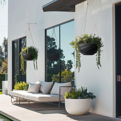 La Jolie Maison 10 Inch Hanging Planters for Indoor Plants, Outdoor Garden Planter Pots with Self-Watering Tray, Jet Black, Spiral Pattern, Set of 2