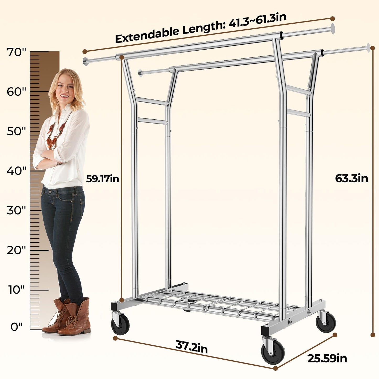 HYSEYY Heavy Duty Clothes Rack, Rolling Clothing Rack for Hanging Clothes with Shelves Load 700LBS,Portable Garment Wardrobe Closet Rack with Wheels for Bedroom,Laundry Room,Retail Store,Silver