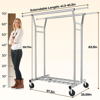 HYSEYY Heavy Duty Clothes Rack, Rolling Clothing Rack for Hanging Clothes with Shelves Load 700LBS,Portable Garment Wardrobe Closet Rack with Wheels for Bedroom,Laundry Room,Retail Store,Silver