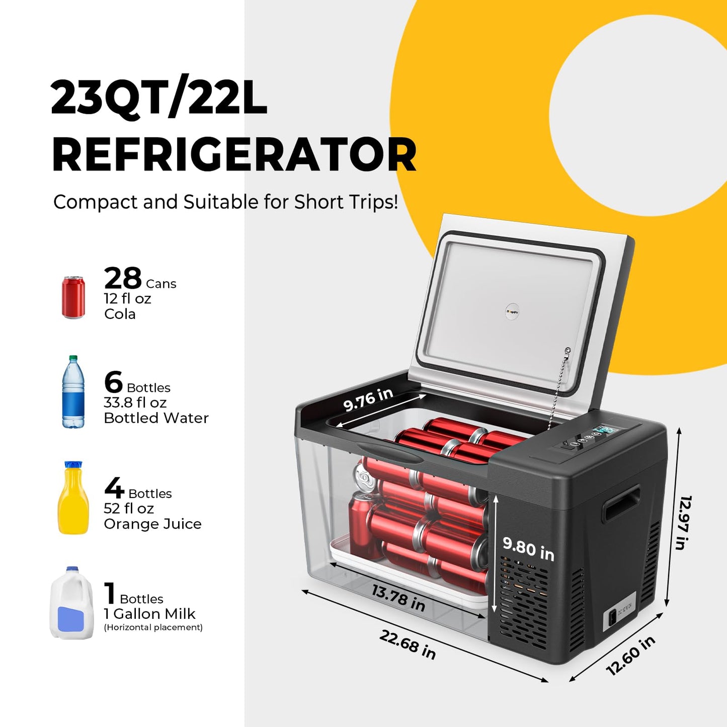 BougeRV 12 Volt Refrigerator 12V Car Fridge 23 Quart Portable Freezer Compressor Cooler 12/24V DC 110~240V AC for Truck Van RV SUV Boat Travel Camping Road Trips Tailgating -8℉~50℉ (Black)