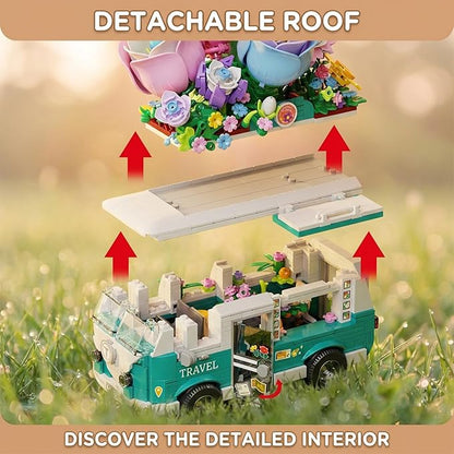 Flower Camper Van Building Set 862 Piece Botanical Travel Bus with Opening Side Cabin Outdoor Table Chairs Creative Gift for Teens Adults Home Decor STEM Educational Assembly Building