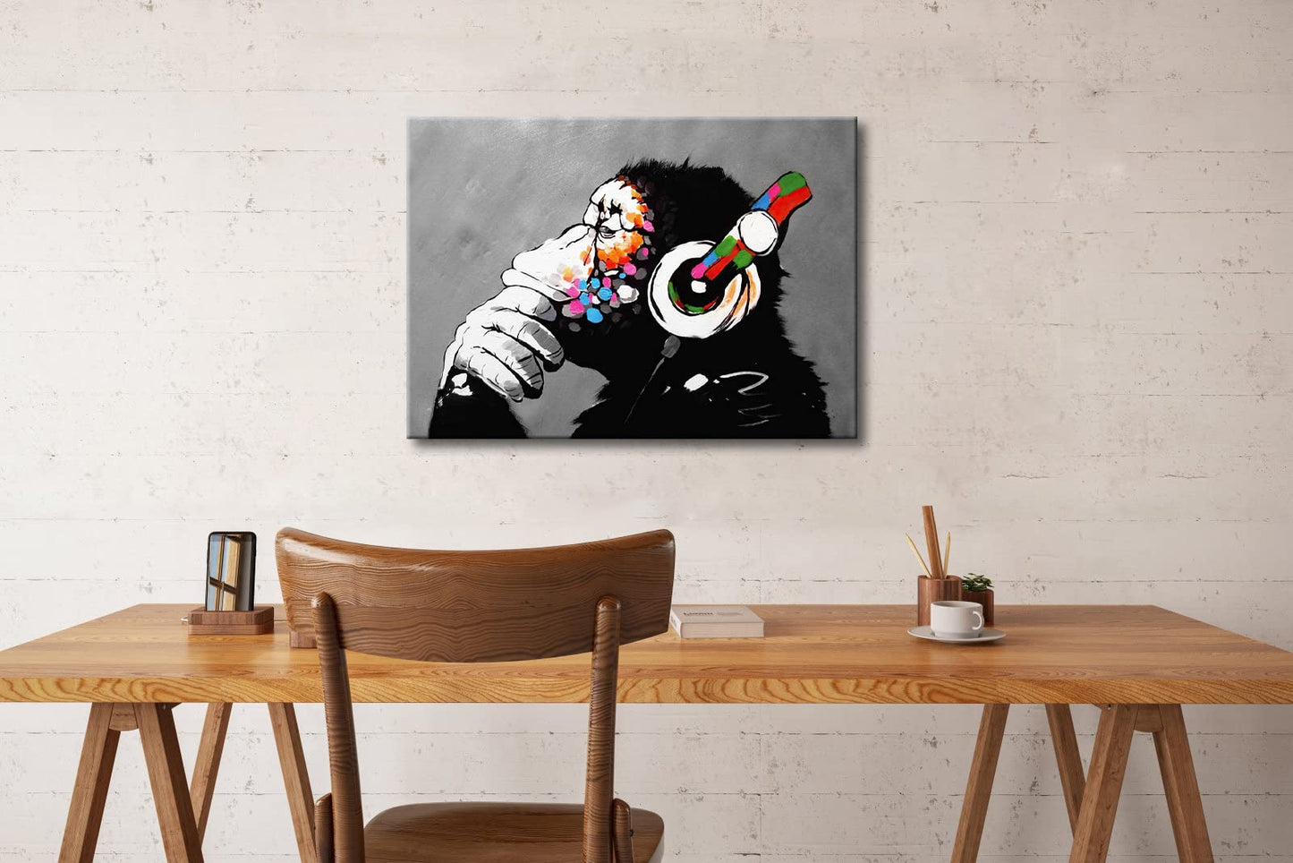 Wieco Art Black Framed Monkey With Headphones Banksy Graffiti Art Abstract Canvas Paintings Prints Animal Canvas Wall Art for Wall Decor and Home decorations Office Decor