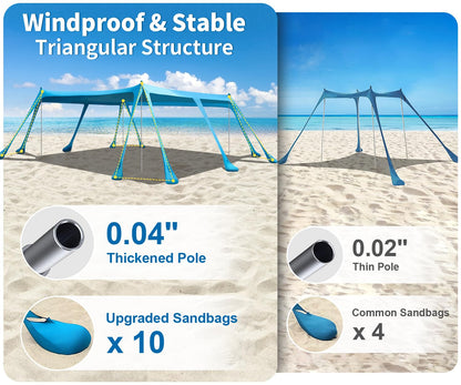 VVBE Beach Tent Sun Shelter 13x10FT, UPF50+ Outdoor Shade Canopy with 10 Sandbags, Sand Shovel, Ground Pegs & Stability Poles, Portable Beach Tent for Camping Fishing Picnics Travel