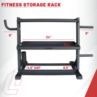 Lifeline Fitness Home Gym 3-Shelf Dumbbell and Kettlebell Storage Rack with Rope and Band Hook - Holds up to 440 LBS - Robust Gym Equipment Storage Solution