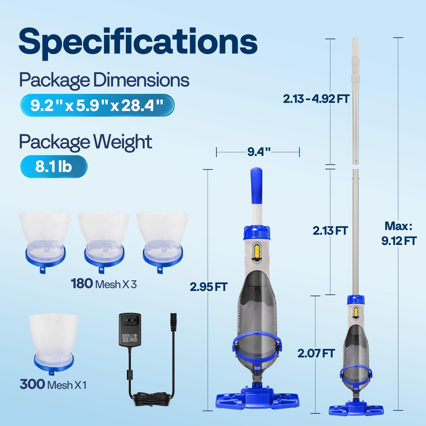 VIVOHOME Handheld Pool Vacuum 1110GPH Suction Cordless Pool Cleaner 40W Powerful Motor Long-Run 60min Battery, Adjustable 9.12FT Pole for Above Ground & In-Ground Pools, Spas - Blue