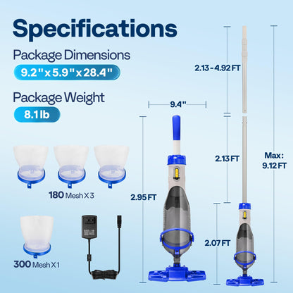 VIVOHOME Handheld Pool Vacuum 1110GPH Suction Cordless Pool Cleaner 40W Powerful Motor Long-Run 60min Battery, Adjustable 9.12FT Pole for Above Ground & In-Ground Pools, Spas - Blue