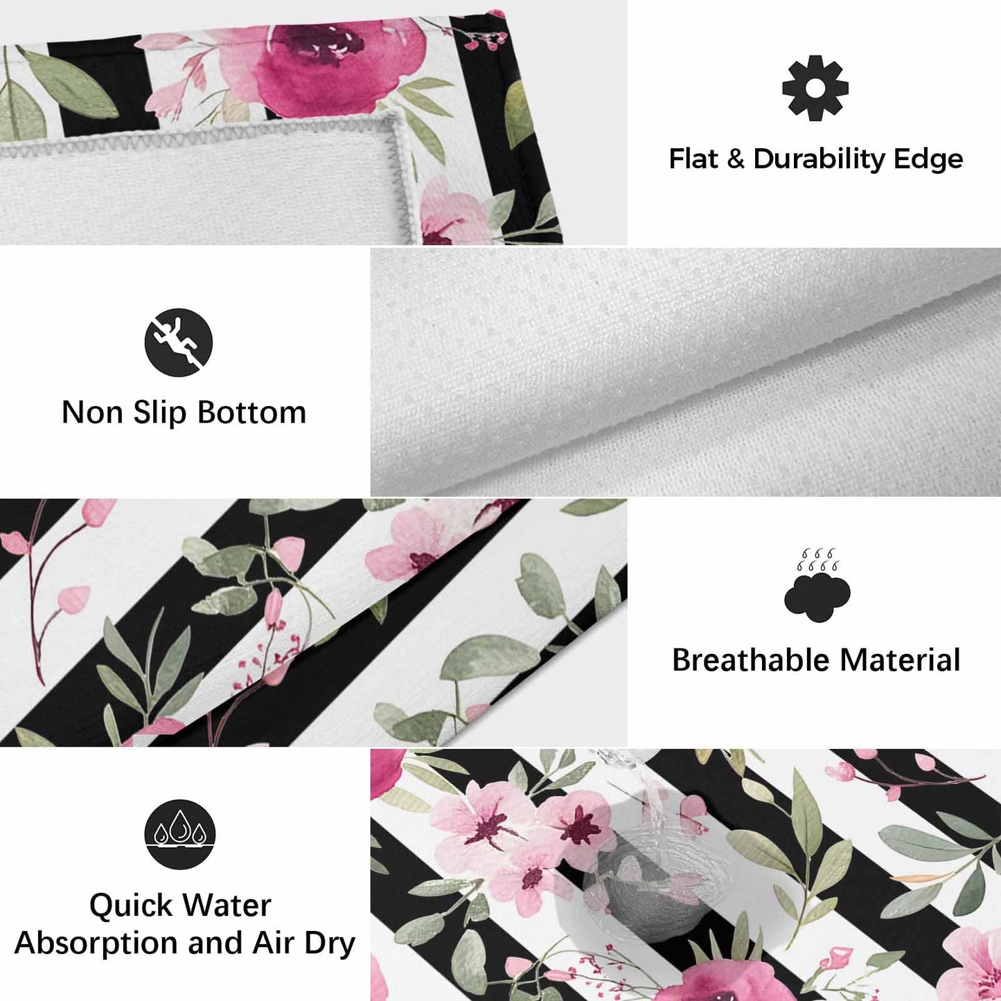 Outdoor Patio Rugs Pink Flowers Illustration Outdoor Area Rug Black and White Stripe Non-Slip Backyard/Camping RV Rug/Deck/Porch Rug Front Door Floor Mat Carpet,5x8ft,