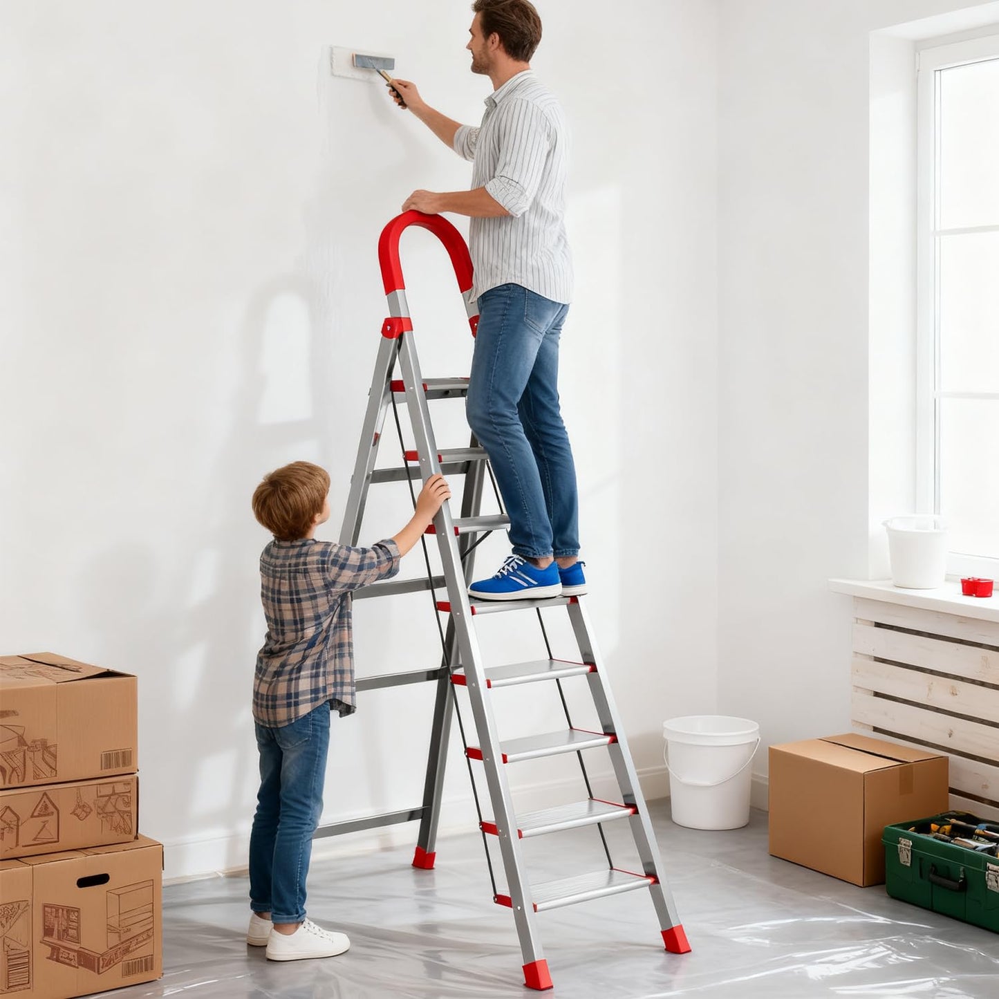 7 Step Ladder with Comfort Handrail,Folding Step Stool Heavy Duty,Protable Step Tool with Anti-Slip Widen Pedals,Safe-Lock Design,Tall Kitchen/Closet Step Ladder for Adults