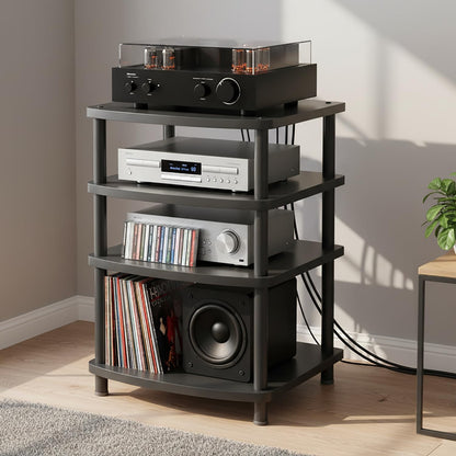 XEOKXOIT 4 Tier AV Media Stand, Audio Rack Tower Adjustable Height, TV Game Console Equipment Shelf, CD Record Player Stereo Component Rack Cabinet for Home Theater Studio (Black)