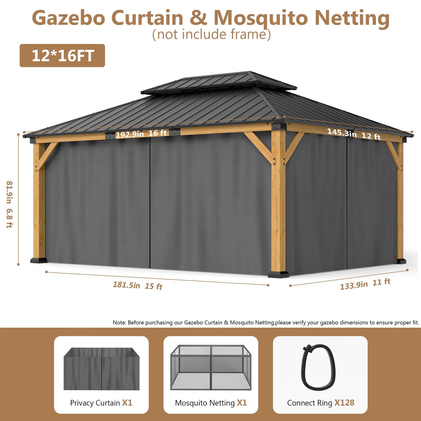 Jocoevol 12' X 16' Gazebo Curtains and Mosquito Netting Universal Replacement All Weather Outdoor Outside Curtains Waterproof Pergola Curtains Privacy Curtains Blackout Gazebo Side Wall for Patio