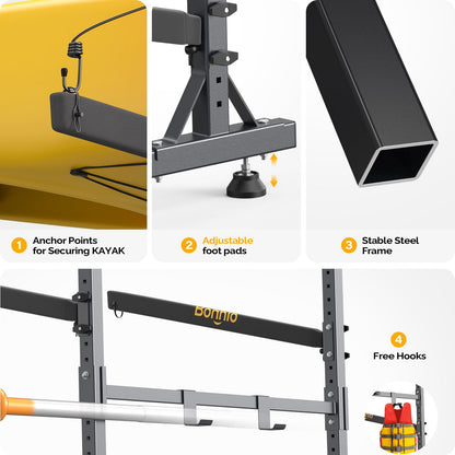 Bonnlo Kayak Storage Rack - Adjustable Heavy Duty Rack for 4 Kayaks or Paddle Boards, Paddle Holder for Garage, Holds up to 548 lbs, Spacesaver, Gentle on Padding, Boat Organizer