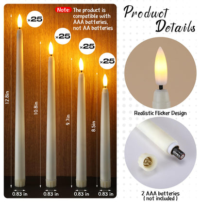 Baquler 100 Pcs Flameless Taper Candles LED Flickering Taper Candlesticks Bulk Battery Operated Flameless Candle for Wedding Halloween Christmas Birthday Decoration, 8.5/9.7/10.8/12.8 Inch (Ivory)