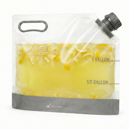 Restaurantware Cater Tek 1 Gallon Water Containers 10 Drink Bags - Collapsible Includes Tamper-Evident Caps Clear Plastic Beverage Bags For Catered Events Camping or Hiking Durable Handle
