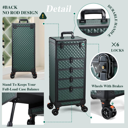Yueieoun Nail Salon Cart with 4 Drawers,Rolling Makeup Train Case for Beauty,Cosmetology Case on Wheels Trolley Cart,Lockable Organizer Travel Case for Manicure/Face Painting/Hairstylist,DARK GREEN