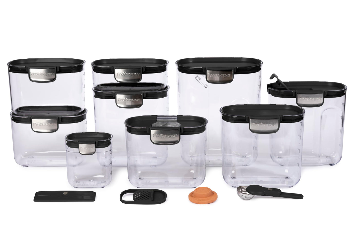 ProKeeper+ Airtight Food Storage Container Set – Clear Plastic Flour and Sugar Canister Set with Magnetic Accessories for Kitchen Organization (Black, 13-Piece)