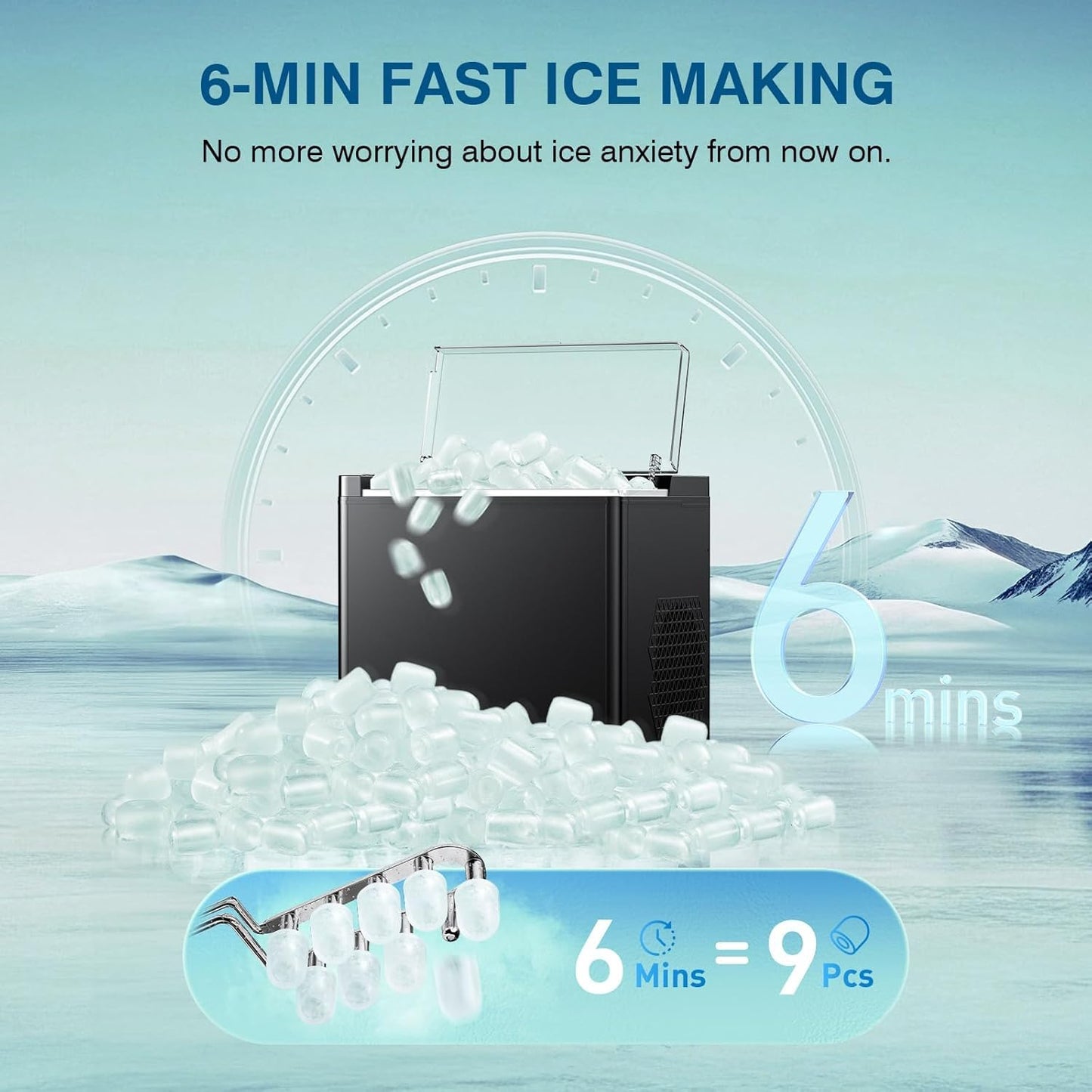 Ice Makers Countertop, 9 Ice Cubes in 6 Mins Portable Ice Maker, 2 Sizes of Bullet Ice (S/L) Small Ice Machine for Home Kitchen Camping (Onyx)