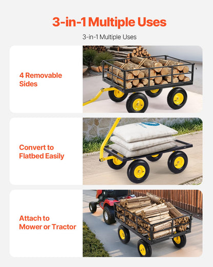 VEVOR 1200 Lbs Steel Garden Cart, Heavy Duty Pullable Garden Wagon Yard Cart, 2 in 1 Outdoor Metal Utility Wagon Yard Trailer with 13" All Terrain Tires, Mesh Removable Sides and 180°Rotating Handle