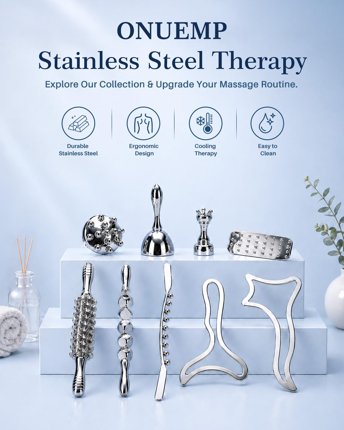 ONUEMP 5-in-1 Stainless Steel Therapy Massage Tools, Gua Sha Scraping Fascia Massage, Maderoterapia Kit Colombiana for Lymphatic Drainage, Cellulite Remover, Ice Body Sculpting