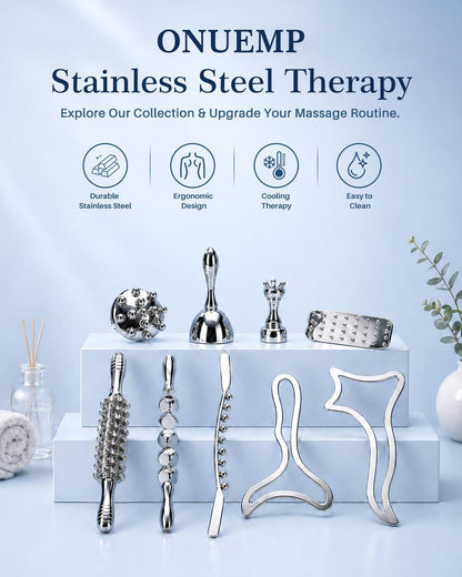 ONUEMP 5-in-1 Stainless Steel Therapy Massage Tools, Gua Sha Scraping Fascia Massage, Maderoterapia Kit Colombiana for Lymphatic Drainage, Cellulite Remover, Ice Body Sculpting