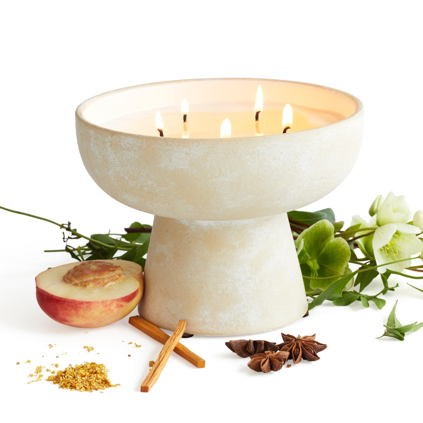 Blueme Calm Candle | Osmanthus & Sandalwood | 5 Wick - Refillable Wellness Candle with Essential Oils, Hand Finished & Poured Soy Wax Blend Ceramic Vessel, Natural Cotton Wicks | Large 24 oz