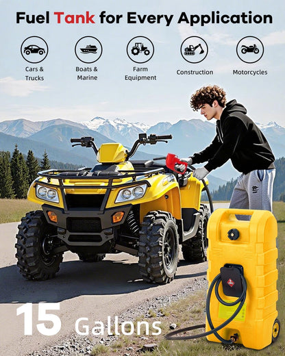 Garvee 15 Gallon Gas Caddy, Heavy-Duty Gas Can and Fuel Caddy with Manual Fuel Transfer Pump, Portable Fuel Tank on Wheels with 10 ft Hose for Lawn Mowers, Cars, Boats, ATVs, Home and Farm Use, Grey