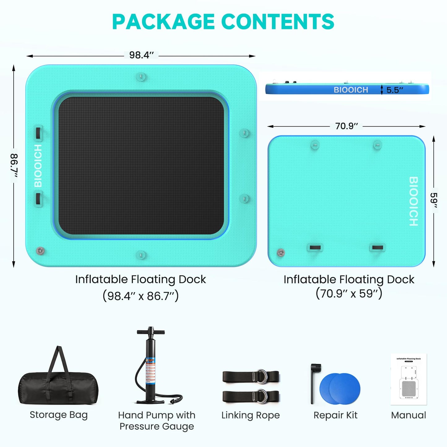 BIOOICH 2 in 1 Inflatable Floating Dock, 8.2FTx7.2FT Floating Mat with Mesh Swim Area & Portable Pool Island Platform with Air Pump, Repair Kit, Storage Bag & Linking Ropes for Swimming, Lake, Beach