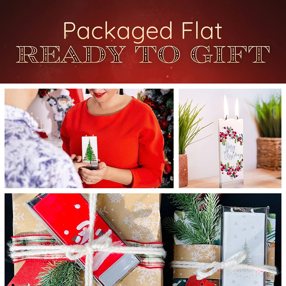 FLATYZ Handmade Christmas Candle - Classic Tree & Ornaments | Unscented, Drip-Resistant & Smoke-Free 2 Wick Candle for Home & Room Decor | Hand Painted, Flat Decorative Candles | Steel Stand Included