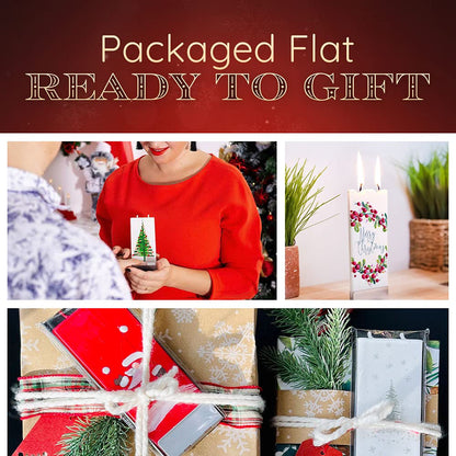 FLATYZ Handmade Christmas Candle - Classic Tree & Ornaments | Unscented, Drip-Resistant & Smoke-Free 2 Wick Candle for Home & Room Decor | Hand Painted, Flat Decorative Candles | Steel Stand Included