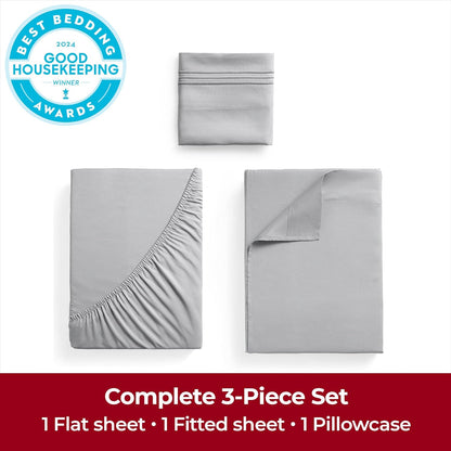 Mellanni Twin Sheets Set - 3 PC Hotel Luxury Bedding | Extra Soft, Cooling, Wrinkle-Resistant (Twin, Light Gray)