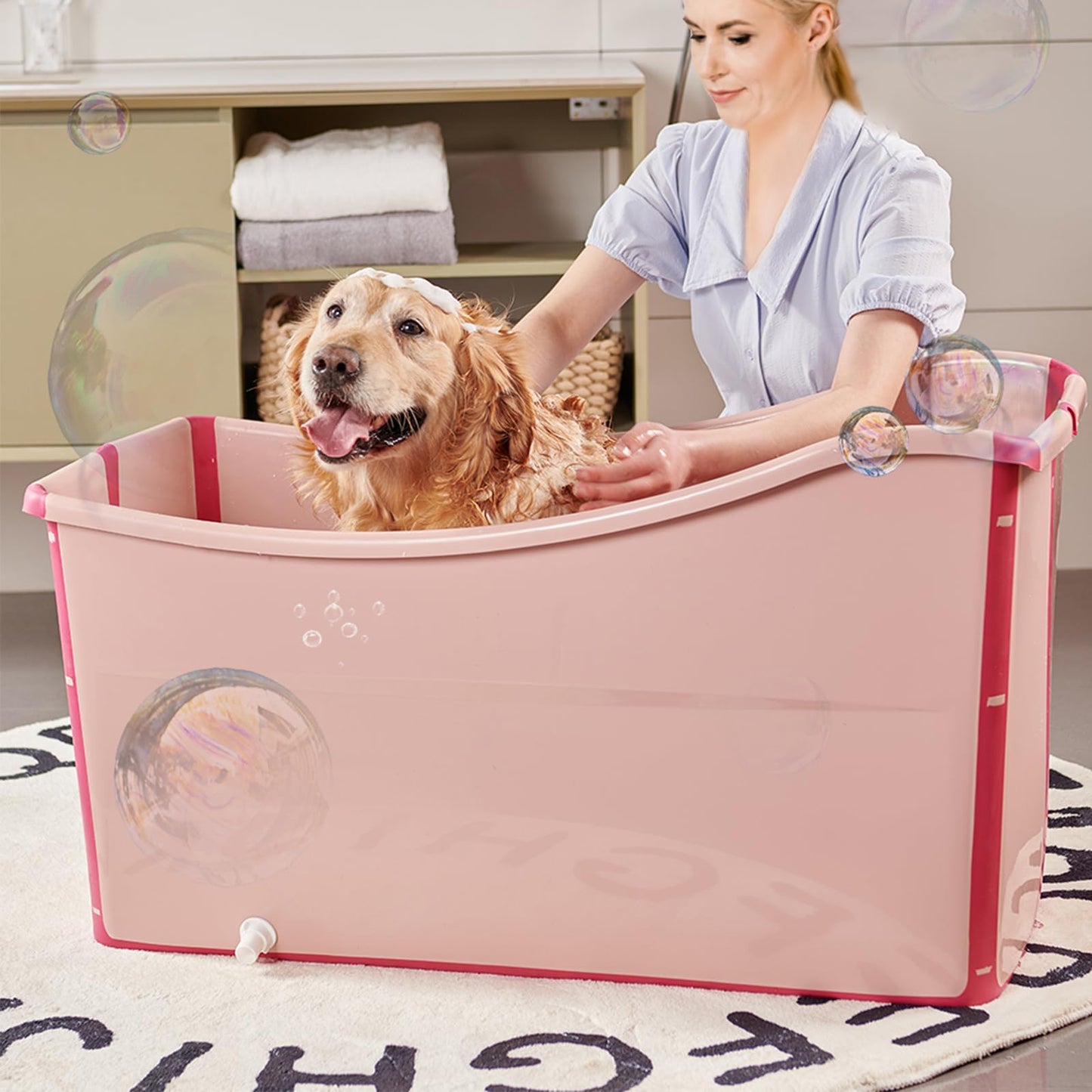 Minandhua Portable Dog Bathtub for Large Dogs - 48.4Gal Foldable Pet Wash Station with Drain Plug, Insulated & Non-Slip Design for Indoor/Outdoor Bathing, Grooming, Camping（Pink）