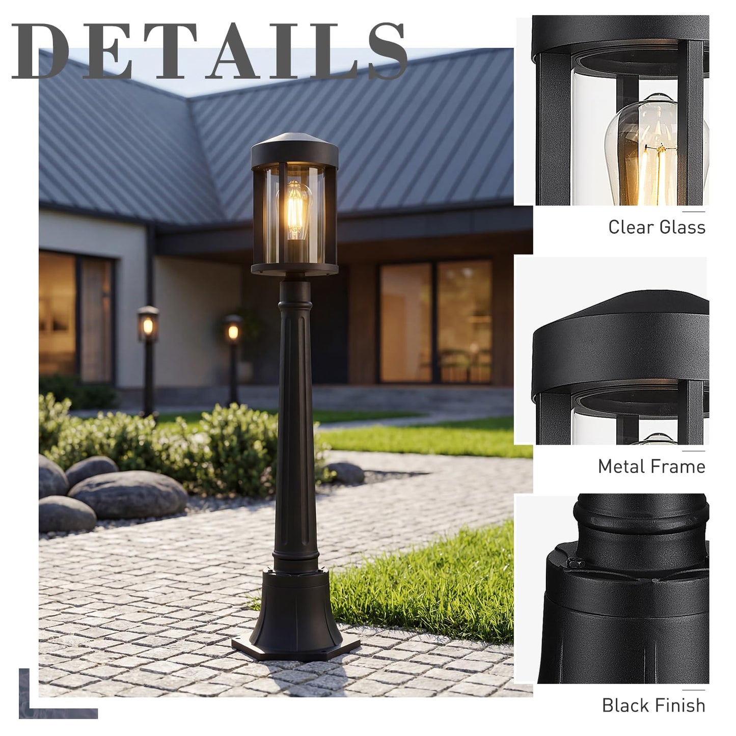 zeyu 40.2'' Modern Outdoor Post Light, Modern Exterior Pole Light, Pathway Light with Pole Mount Base, Black Metal Finish with Clear Glass Shade, ZW118PL BK