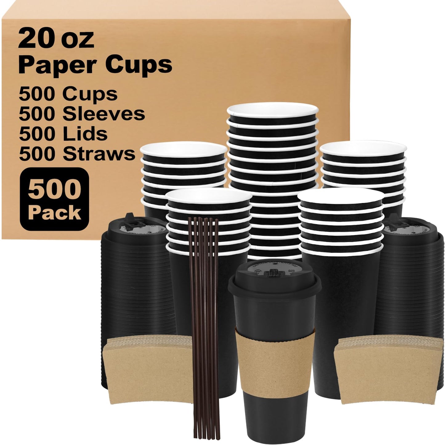 Coolcap 20 oz 500 Pack Coffee Cups with Lids and Sleeves, Straws, Hot Disposable To Go Travel Paper Cups Bulk for Office, Home Coffee Bar Accessories, Chocolate, Cocoa, Beverage (Black)