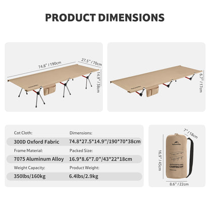 Naturehike ArmyWild Folding Camping Cot, Height Adjustable Ultralight Widen Backpacking Cot, Portable Camping Bed for Camping Hiking Travel Home（Upgraded Khaki）
