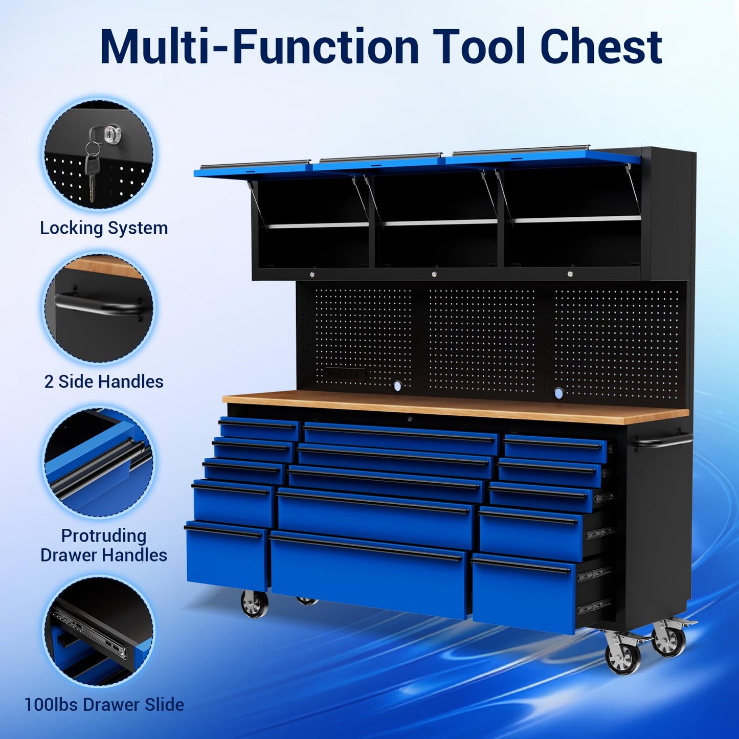 CHETTO C 72 inch Tool Chest Tool Box Mobile 15 Drawer Storage 3 Upper Cabinet Power Outlet SS-Pegboard with Wheels Lock Key Locking System Drawer Liners for Garage Warehouse Repair Shop
