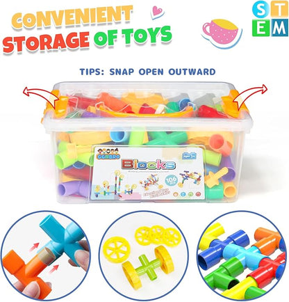 Ggiibro STEM Building Toy for Toddlers 106Pieces Tube Pipe ToyEducational Preschool Game for 3+ YearsLearning Building Blocks Play with Storage Box Gift KitMontessori Toys for Boys &amp Girls