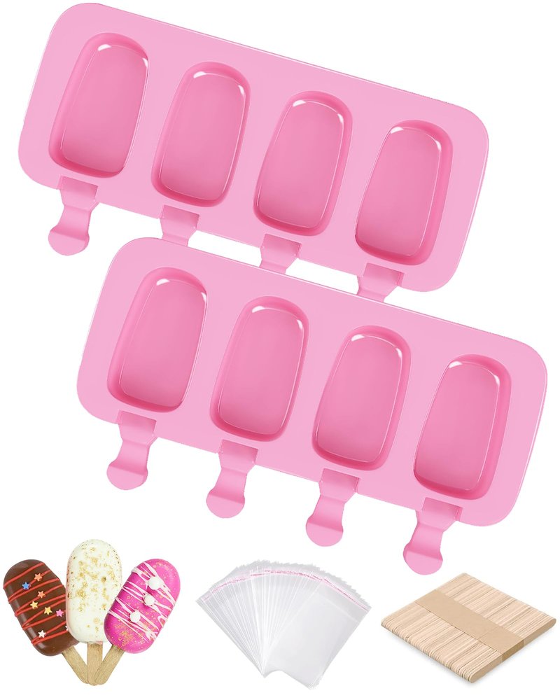 Ouddy Life Popsicle Molds Set of 2, Ice Pop Molds Silicone 4 Cavities Ice Cream Mold Oval Cake Pop Mold with 50 Wooden Sticks for DIY Popsicle, Pink