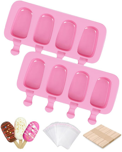 Ouddy Life Popsicle Molds Set of 2, Ice Pop Molds Silicone 4 Cavities Ice Cream Mold Oval Cake Pop Mold with 50 Wooden Sticks for DIY Popsicle, Pink