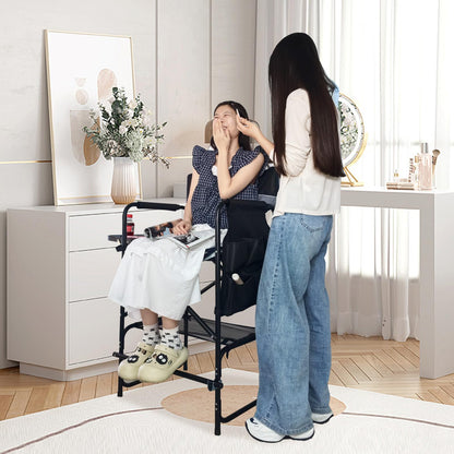 WKFAMOUT Tall Folding Director Chair 30.7" Seat Height Foldable Bar Stool for Makeup Artist Face Painting with Side Table Carry Bag and Cosmetic Bag Supports 350LBS