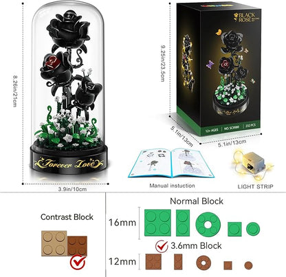 Flower Building Set with LED Light - 232 PCS Black Rose Building Blocks Kit with Dust Cover Easter Day Gift for Her Grilfriend Wife 3.6MM Flower Botanical Collection Block Toy Home Decor