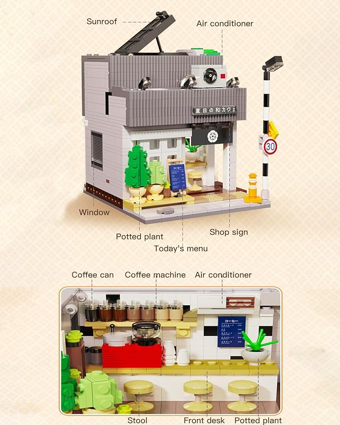 Summer Breeze Japanese Café Building Block Set MOC Kyoto Street View with Lights Japanese Architecture Construction Model Gift for Adults(1108PCS)